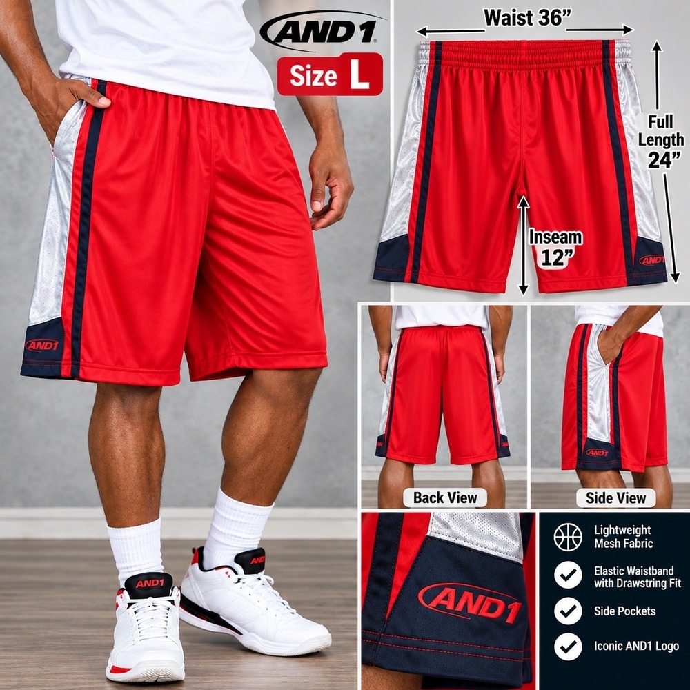 AND1 Men's Red Colorblock Mesh Basketball Shorts 36" 12" Inseam Pockets